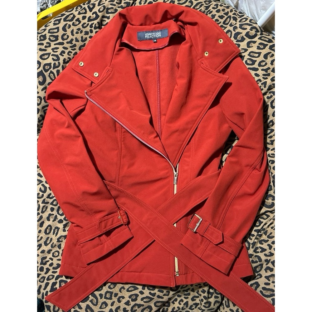 Kenneth Cole Reaction Red Short Trench Coat w/ Gold Buckles & Hidden Hood, XS